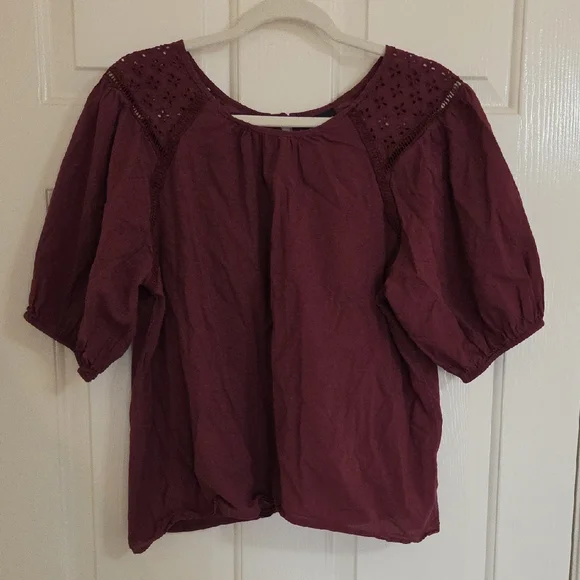 Enfocus Studio Plum Eyelet Yoke Puff Sleeve Blouse - Picture 1 of 5